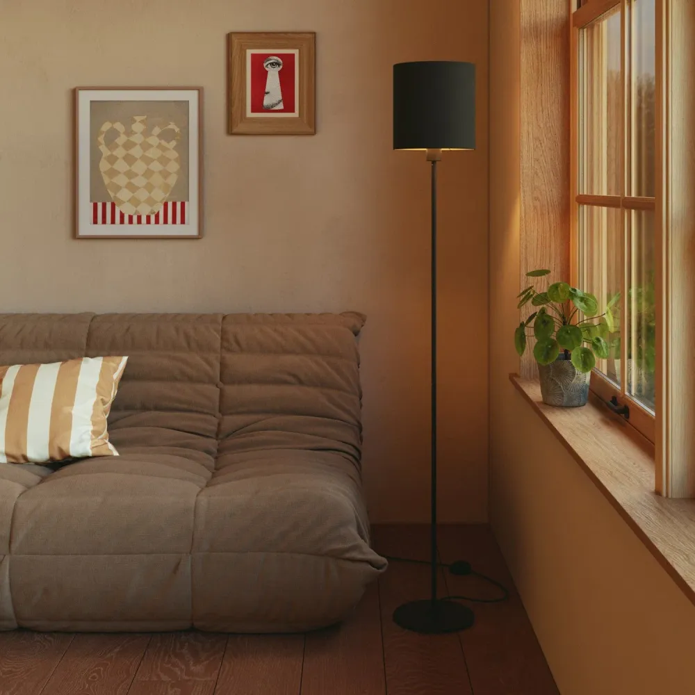Abat-jour Cylindre M en tissu avec douille E27 - Fabriqué en Italie - Cinette noir intérieur Or