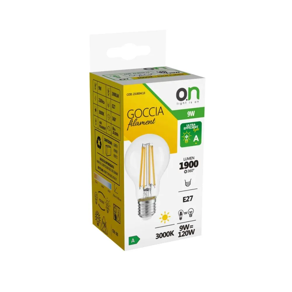 Ampoule goutte à filament LED E27 16W verre transparent 2100 lumen 3000K