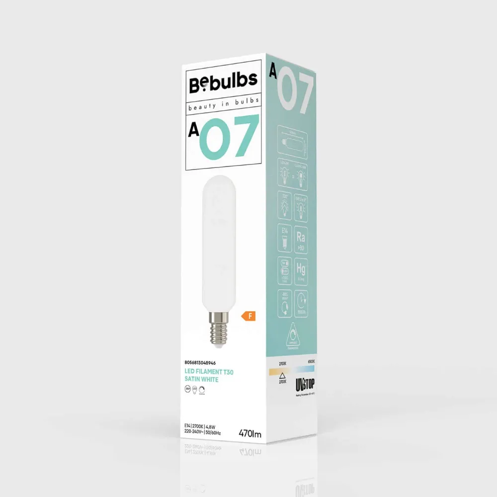 Ampoule LED Blanche Satinée Tubulaire 4,8W 470Lm E14 2700K Dimmable - A07