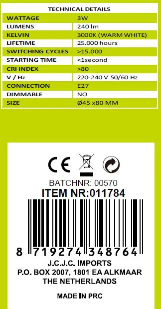 Ampoule à LED boule G45 3W E27