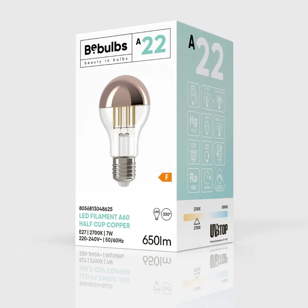 Ampoule LED Demi-Sphère Cuivre Goutte A60 7W 650Lm E27 2700K Dimmable - A22