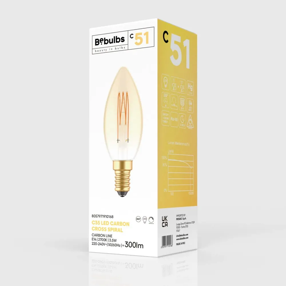 Ampoule LED dorée Carbon Line filament vertical Bougie C35 3,5W 300Lm E14 2700K Dimmerable - C51