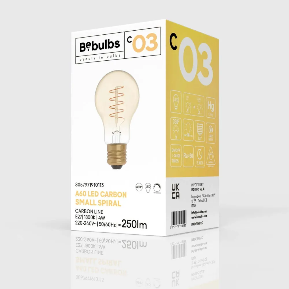 Ampoule LED Dorée Carbon Line filament spiralé Goutte A60 4W 250Lm E27 1800K Dimmable - C03
