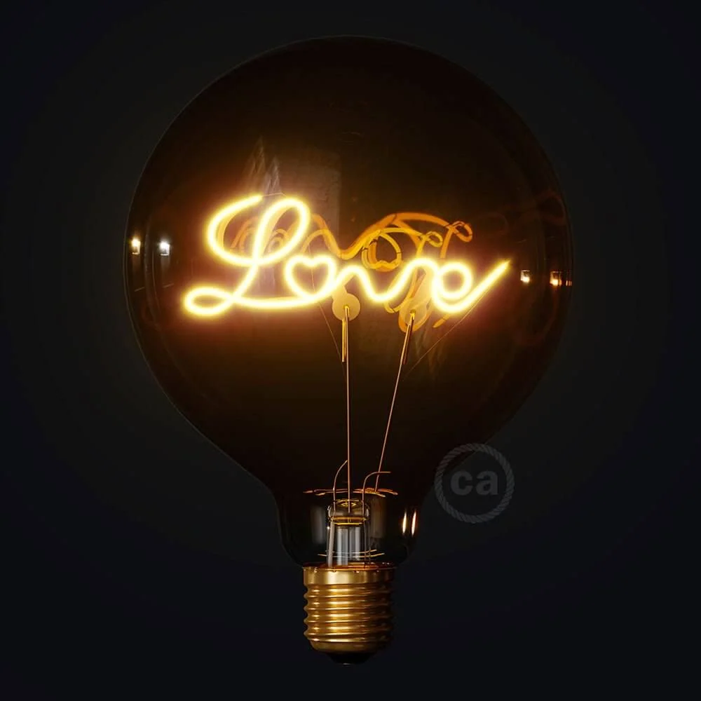 Ampoule LED dorée pour base Globe G125 filament simple “Love” 5W 250Lm E27 2000K dimmable