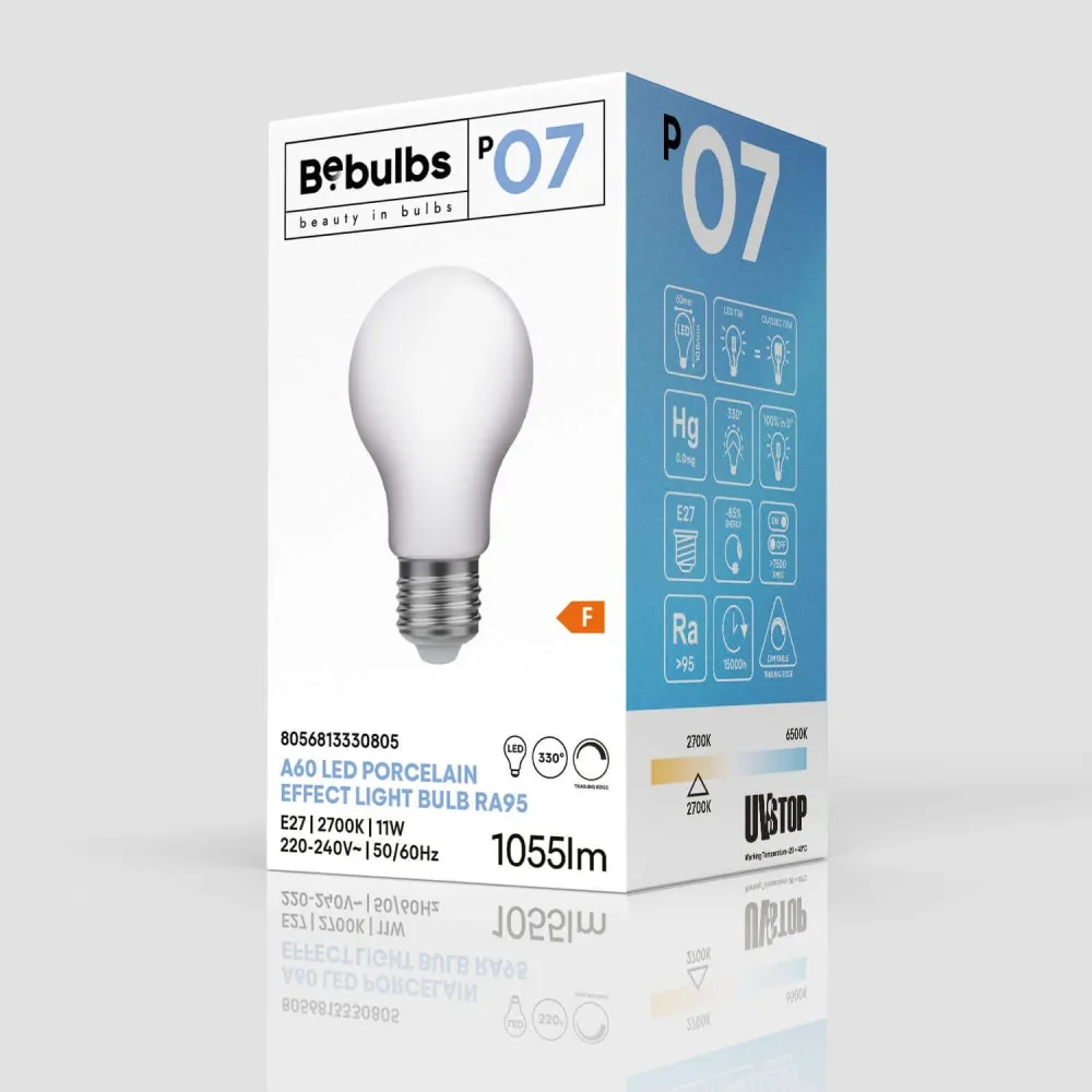 Ampoule LED Effet Porcelaine CRI 95 A60 11W 1055Lm E27 2700K Dimmable - P07
