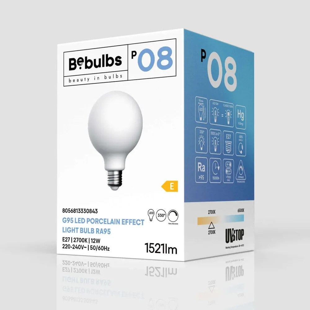 Ampoule LED effet porcelaine CRI 95 G95 12W 1521Lm E27 2700K dimmable - P08