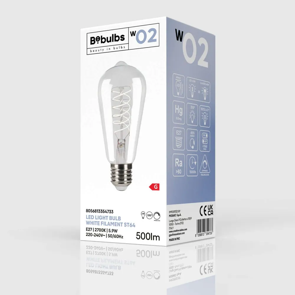Ampoule LED Filament Blanc Edison ST64 5,9W 500Lm E27 2700K Dimmable - W02