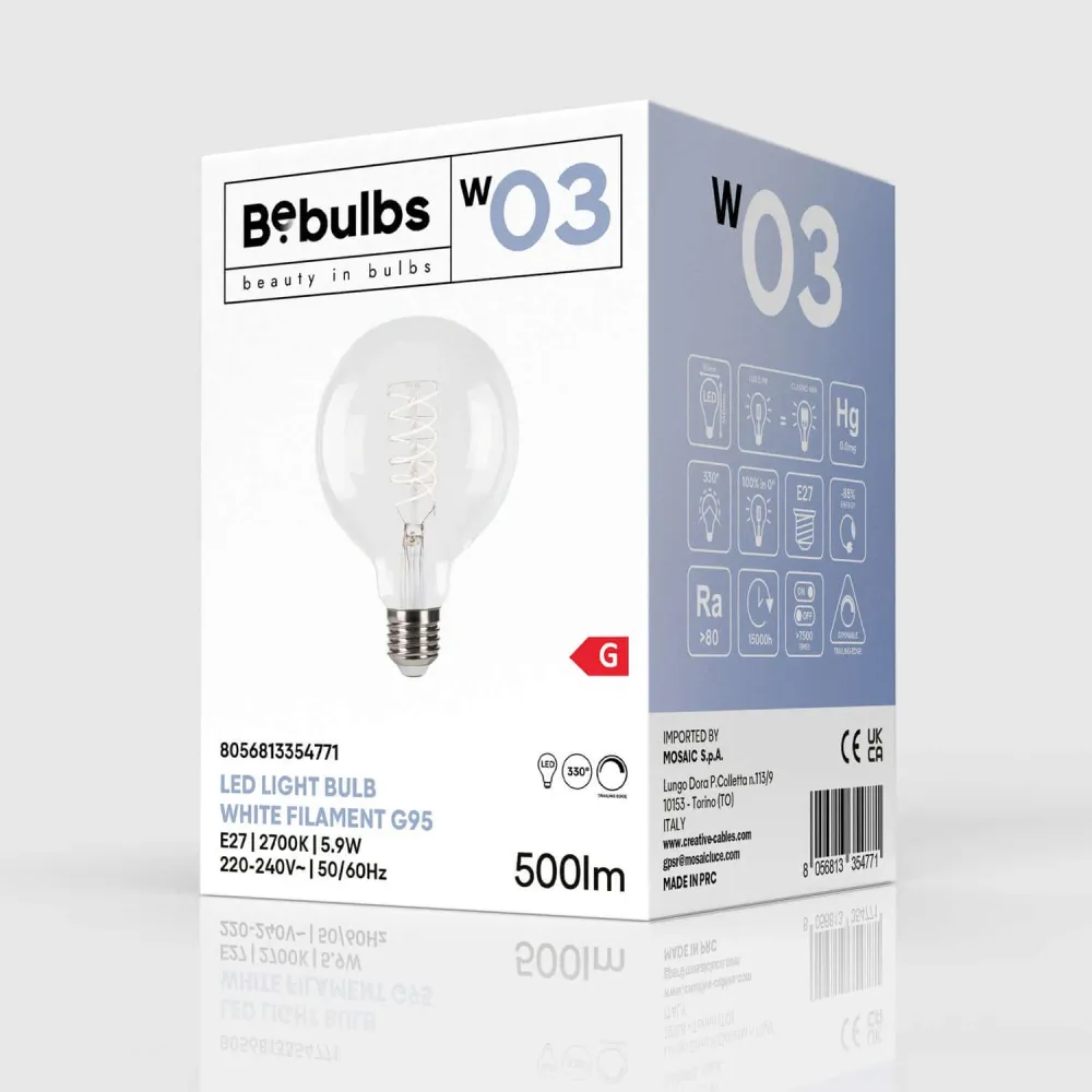 Ampoule LED Filament Blanc Globe G95 5,9W 500Lm E27 2700K Dimmbable - W03