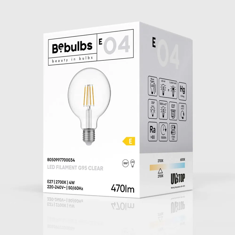 Ampoule LED Transparente Globe G95 4W 470Lm E27 2700K - E04