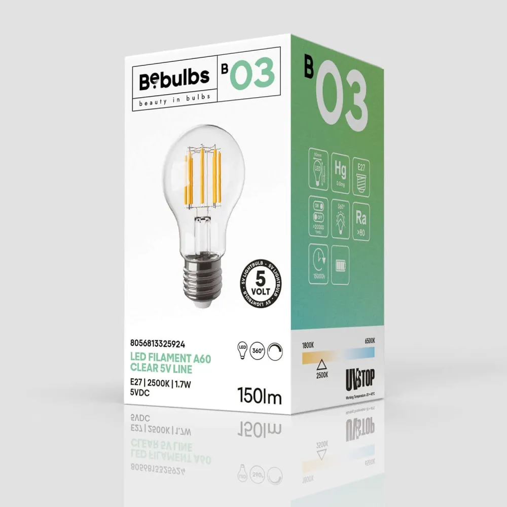 Ampoule LED transparente Ligne 5V filament vertical Goutte A60 1,7W 150Lm E27 2500K Dimmerable - B03