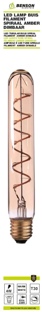 Ampoule LED tube spirale filament t30 4W E27 amber 30 x 255 dimmable