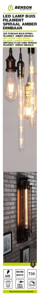 Ampoule LED tube spirale filament t30 4W E27 amber 30 x 255 dimmable