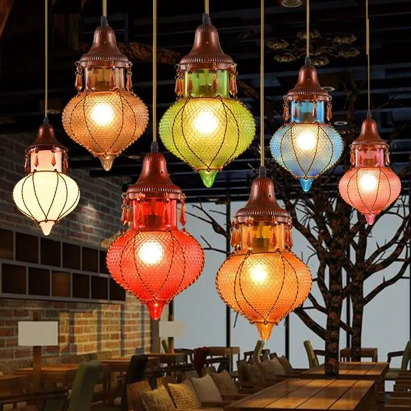 Bohème méditerranéen coloré verre plafond goutte lumière pendentif lampe luminaire pour café Bar Restaurant café décor ATY...