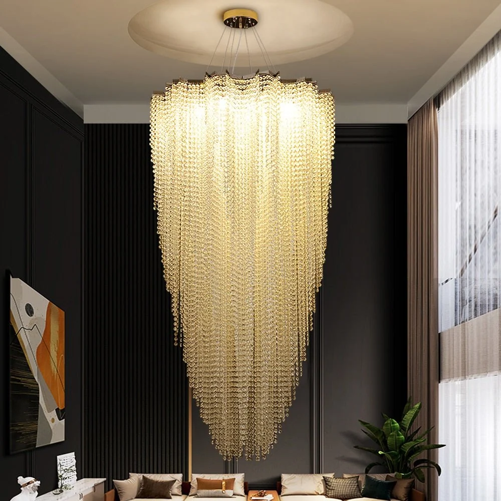 Grand lustre moderne en cristal de forme ronde pour le salon et l'escalier Gold ATY Home Decor