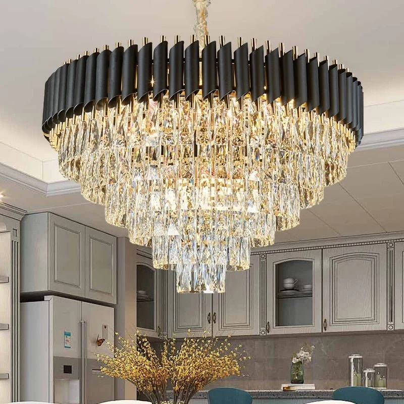 Lustre de luxe rond, noir, moderne, en cristal et à diodes électroluminescentes pour le salon Black ATY Home Decor