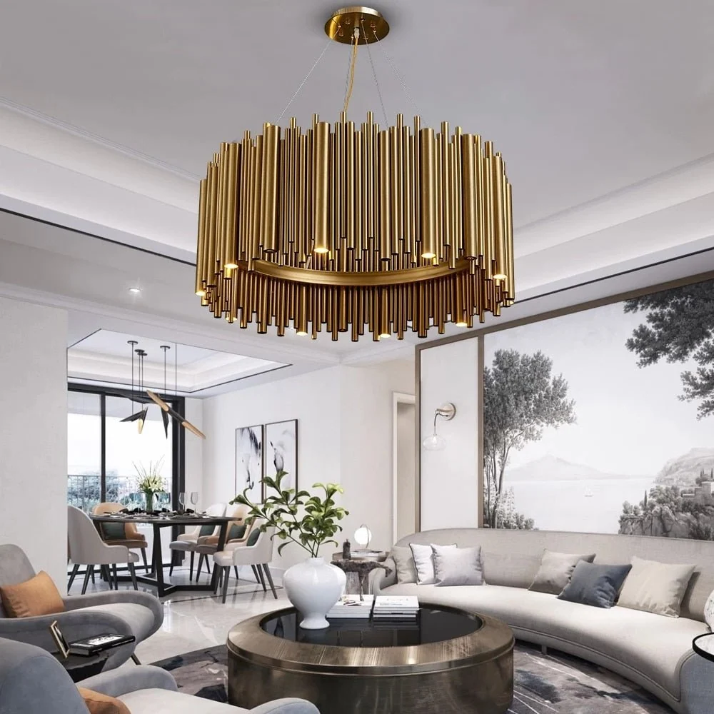 Lustre moderne luxueux en or pour le salon Lampe suspendue à LED en acier inoxydable Design créatif rond Diameter ATY Home...