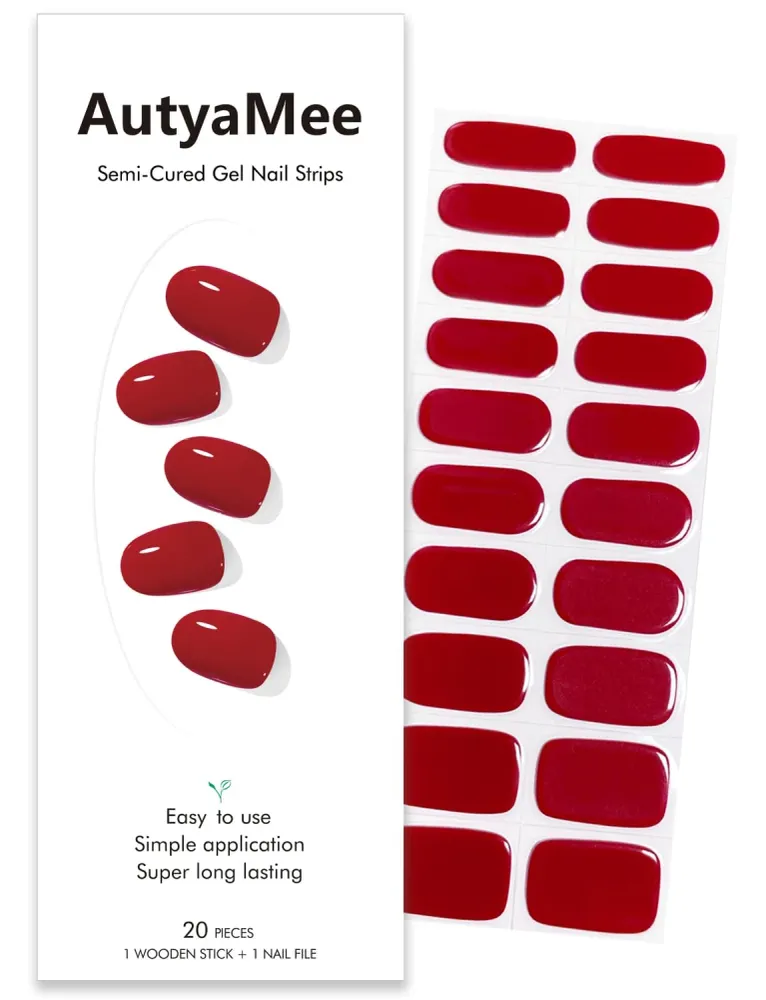 AutyaMee Bandes Gel Semi-Cuites Ruby Red — 20 Pièces, Wraps Gel Nail, Lampe UV Requise, Qualité Salon