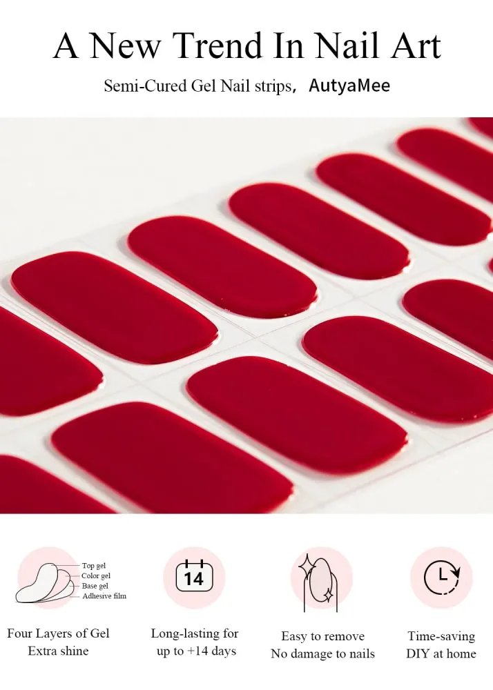 AutyaMee Bandes Gel Semi-Cuites Ruby Red — 20 Pièces, Wraps Gel Nail, Lampe UV Requise, Qualité Salon