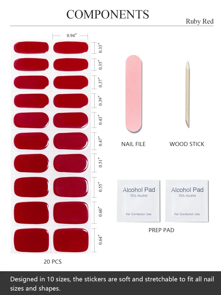 AutyaMee Bandes Gel Semi-Cuites Ruby Red — 20 Pièces, Wraps Gel Nail, Lampe UV Requise, Qualité Salon