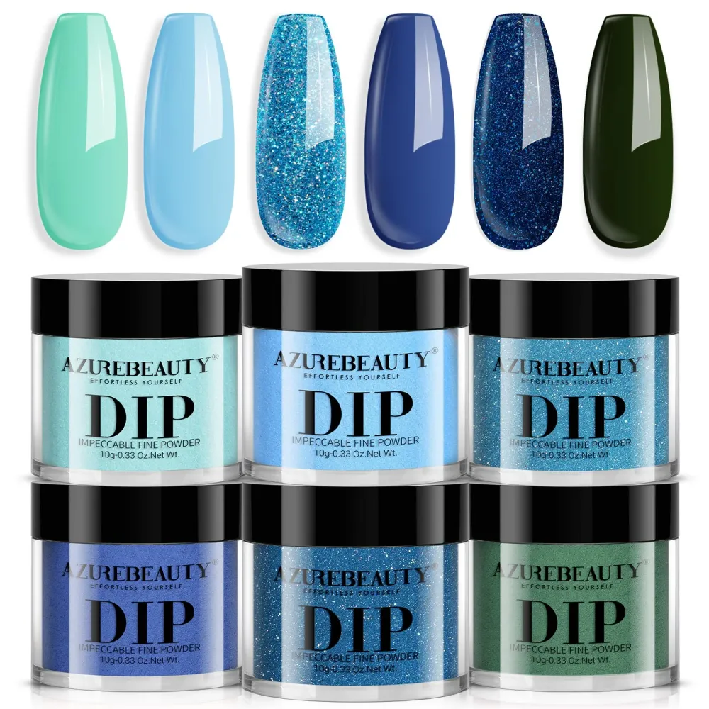 AZUREBEAUTY Dip Powder Nail Set – 6 couleurs bleu/vert irisé, sans lampe, pour toutes les saisons