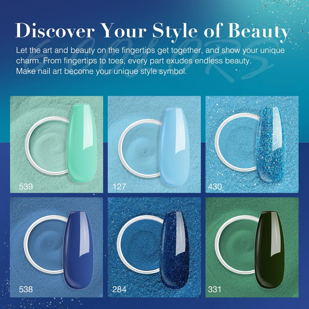 AZUREBEAUTY Dip Powder Nail Set – 6 couleurs bleu/vert irisé, sans lampe, pour toutes les saisons