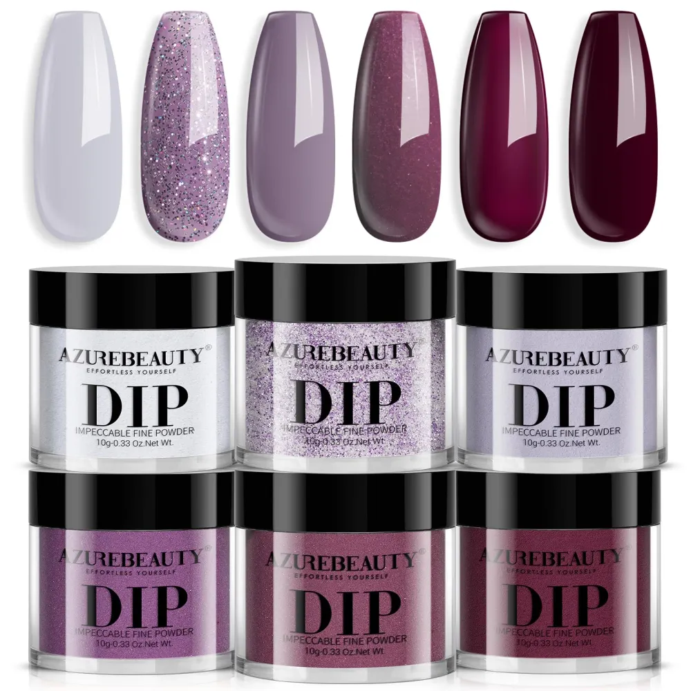 AZUREBEAUTY Ensemble Poudre d'immersion – 6 couleurs (Violet, Rose, Rouge) avec paillettes — Sans lampe, DIY manucure
