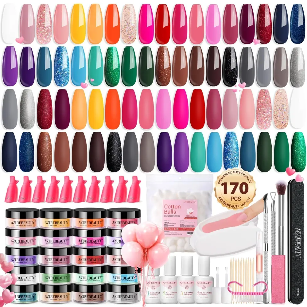 AZUREBEAUTY Kit de démarrage en poudre de trempage – 36 couleurs, liquides inclus, manucure durable sans lampe