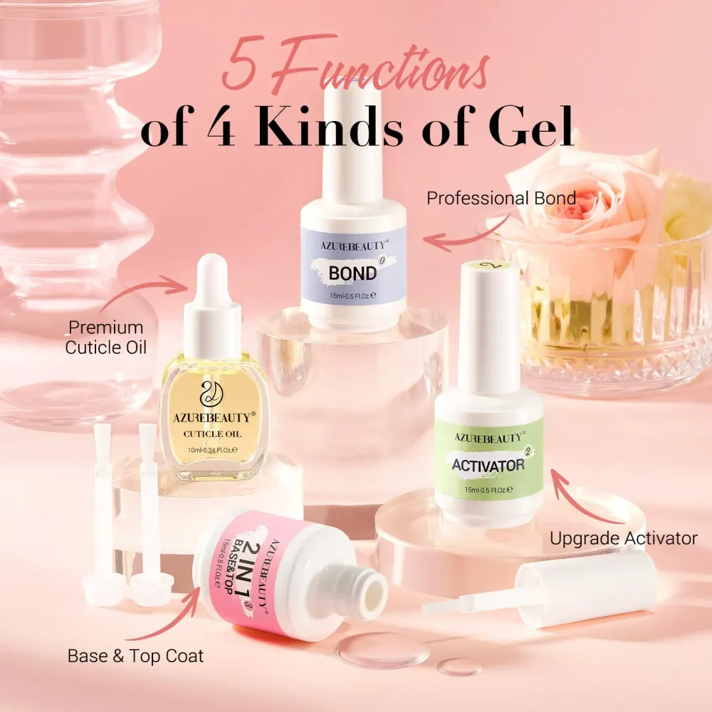 AZUREBEAUTY Kit Poudre Dip 15ml – Base, Couche de Pose, Activateur, Liant, Huile Cuticule et Soin Ongles sans lampe