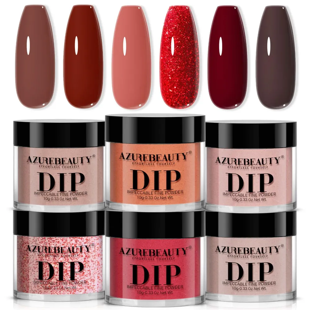 AZUREBEAUTY Poudre Dip – Kit 6 Teintes Brun-Rouge Nude Pailleté Sans Lampe