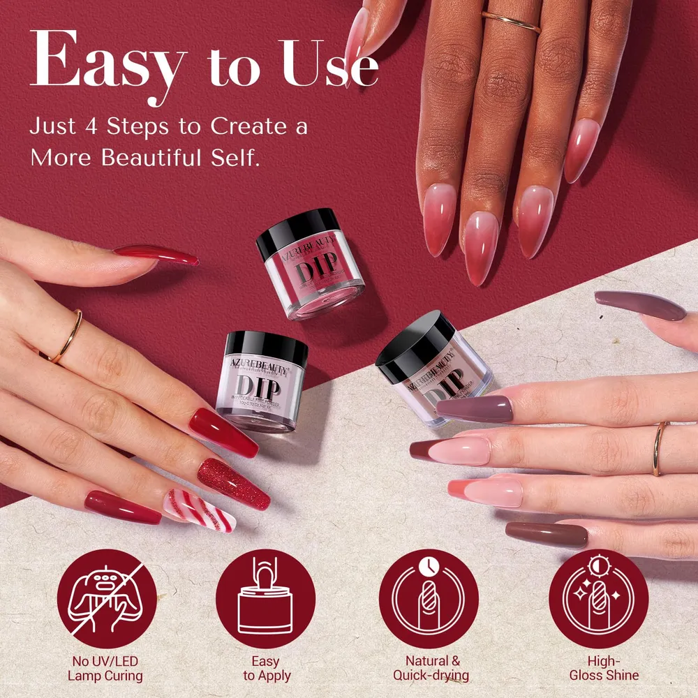 AZUREBEAUTY Poudre Dip – Kit 6 Teintes Brun-Rouge Nude Pailleté Sans Lampe