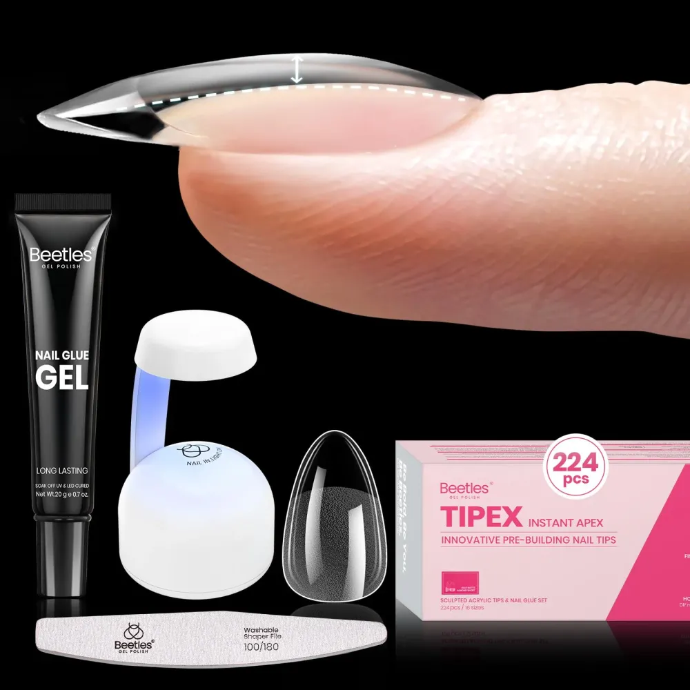 Beetles Tipex Instant Apex Kit d’Ongles – amande courte, 224 pièces, 16 tailles, colle UV et mini lampe beetles Gel Polish