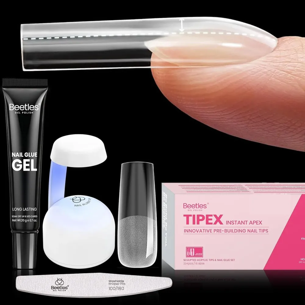 Beetles Tipex Kit d’Extensions Ongles – 224 Prolongements, Colle UV Solide et Mini Lampe UV beetles Gel Polish