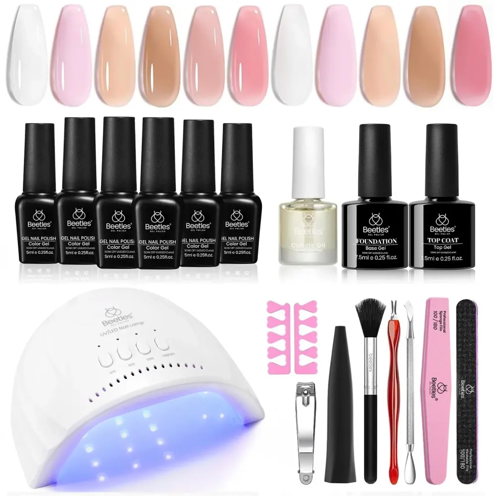 Kit Gel Ongles Beetles avec Lampe UV LED – 6 Couleurs Jelly (Milky White & Nude) – Coffret Manucure à domicile beetles Gel...
