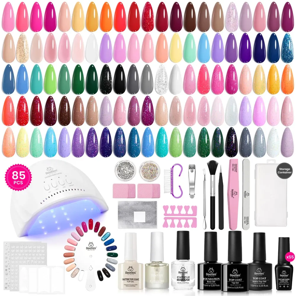 Kit Vernis Gel Beetles – 85 pièces, Lampe UV, 55 couleurs et décorations beetles Gel Polish