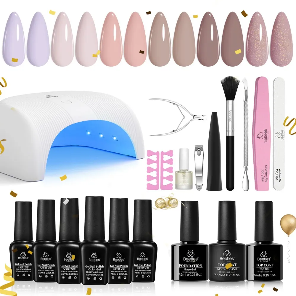 Kit Vernis Gel Beetles – 6 Teintes Nude, Lampe UV/LED 36W, Base et Top Coat, Accessoires Manucure DIY beetles Gel Polish