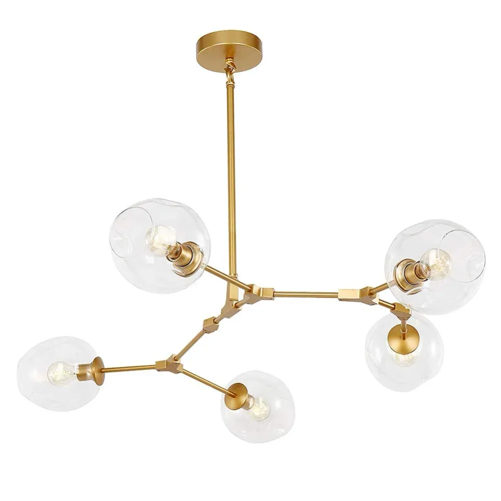BUniq Lustre Spoutnik E26, 5 lumières, branches de boule de verre, suspension réglable en hauteur, lustre soufflé à la mai...
