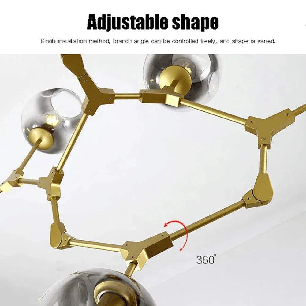 BUniq Lustre Spoutnik E26, 5 lumières, branches de boule de verre, suspension réglable en hauteur, lustre soufflé à la mai...