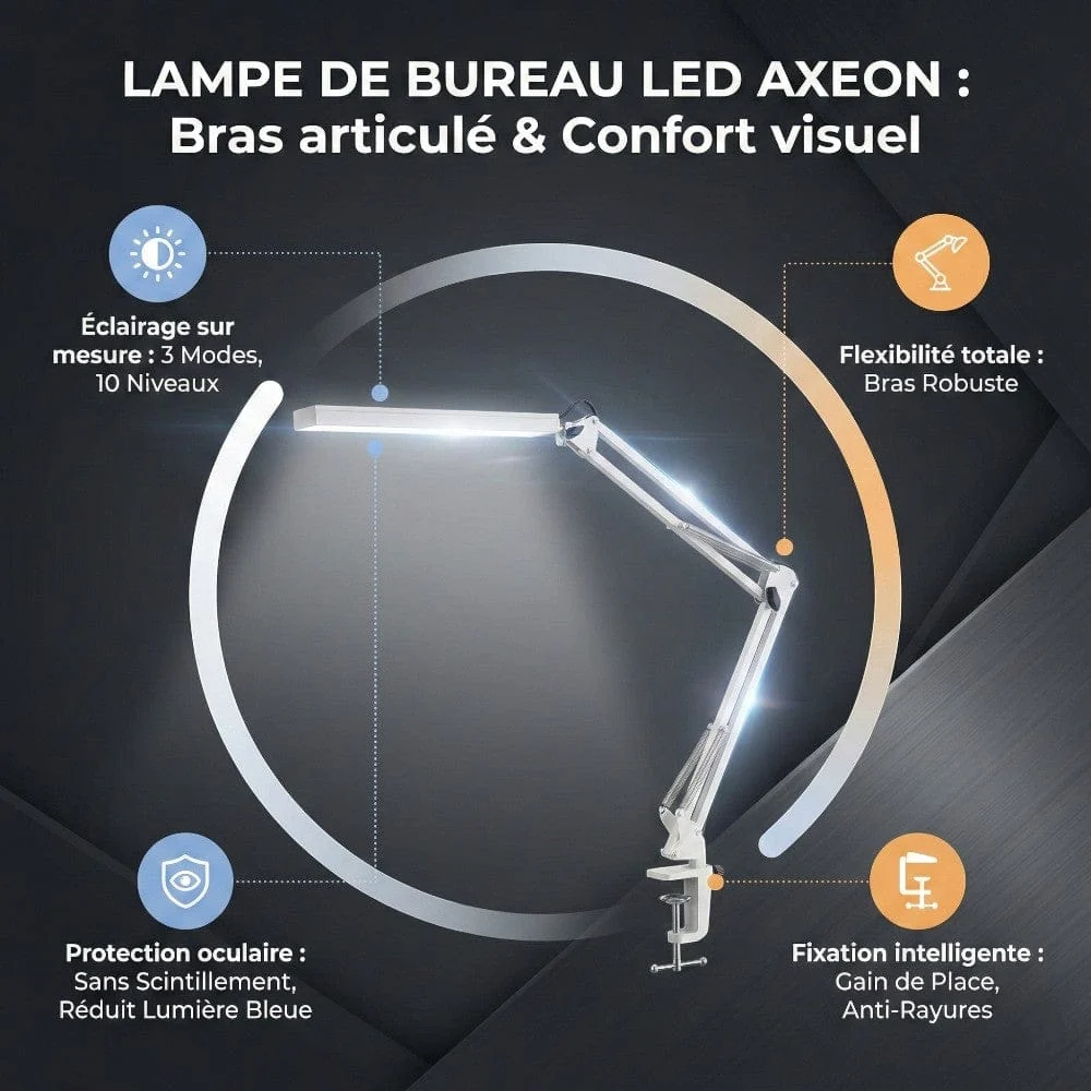 Lampe de Bureau LED AXEON : Bras articulé & Confort visuel Bureau Cosy
