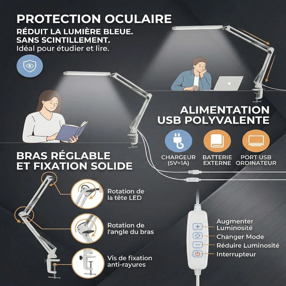 Lampe de Bureau LED AXEON : Bras articulé & Confort visuel Bureau Cosy