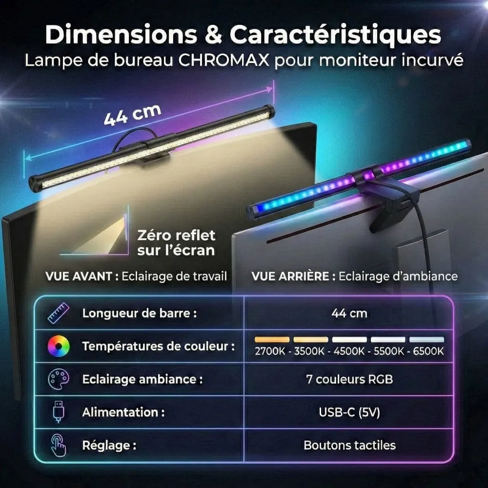 Lampe de Bureau Screenbar CHROMAX 44 cm RGB : Ambiance Immersive - Zéro Reflet Bureau Cosy