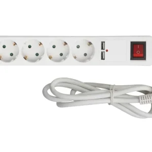 Calex Receptacle - 5-way - USB - Switch - White - 1.4m cable