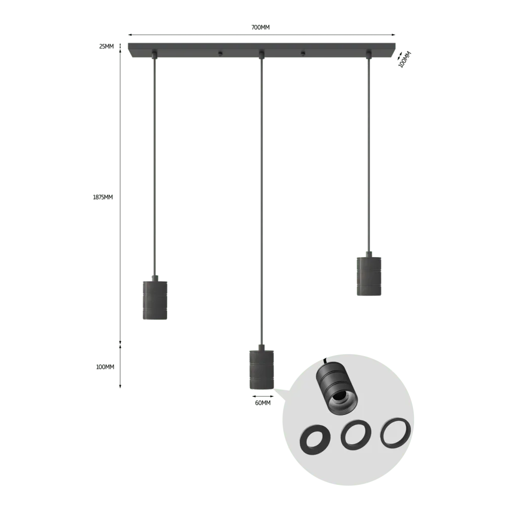 Calex Suspension Luminaire - 3x E27 - Noir