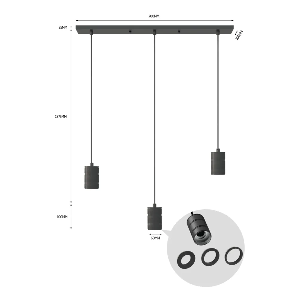 Calex Suspension Luminaire - 3x E27 - Noir