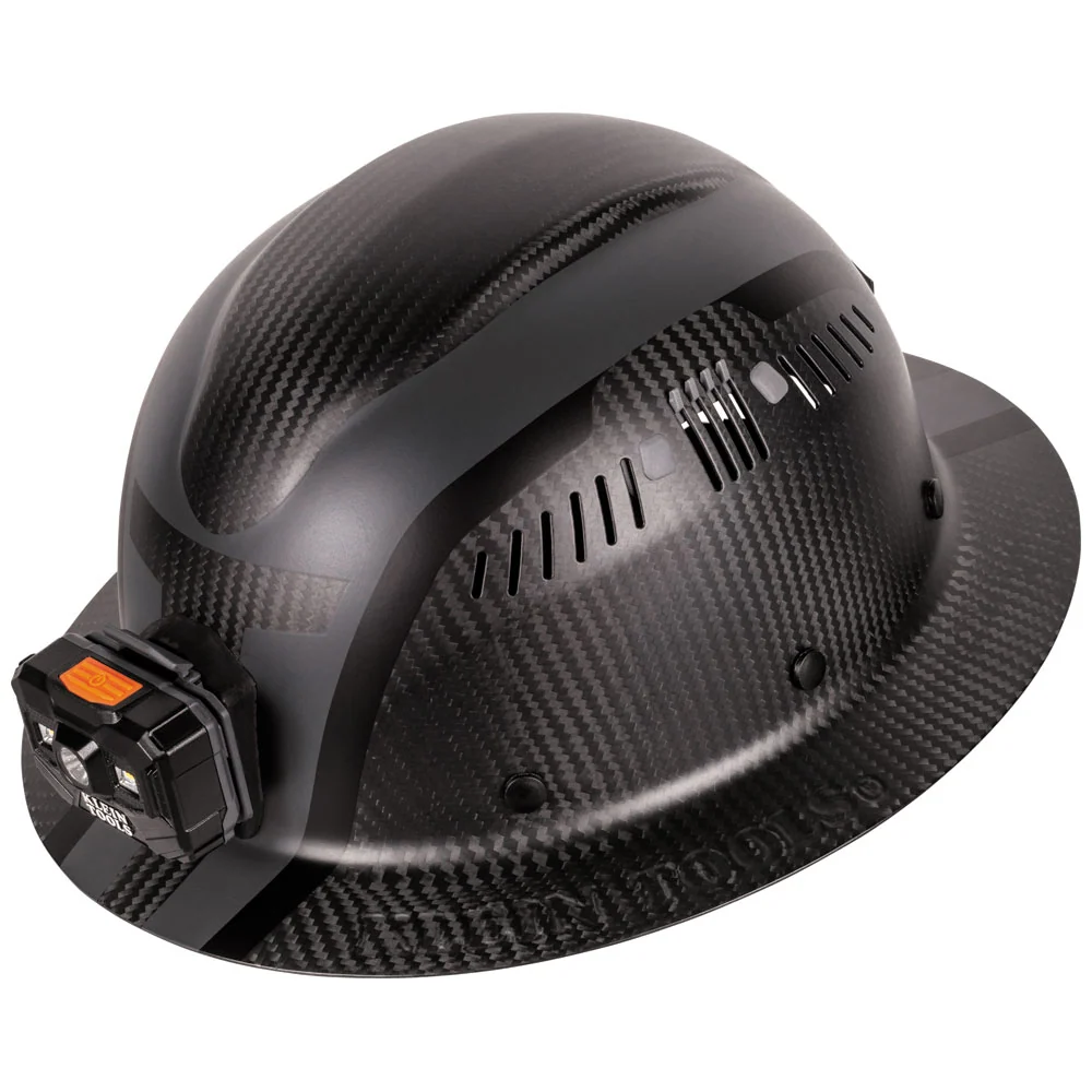 Casque de sécurité à visière intégrale ventilé en fibre de carbone Klein Tools SPARTAN, classe C avec lampe frontale, modè...