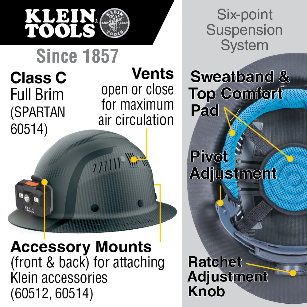 Casque de sécurité à visière intégrale ventilé en fibre de carbone Klein Tools SPARTAN, classe C avec lampe frontale, modè...