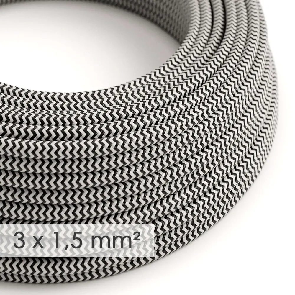 Câble électrique à large section 3x1,50 rond - tissu effet soie Noir ZigZag RZ04