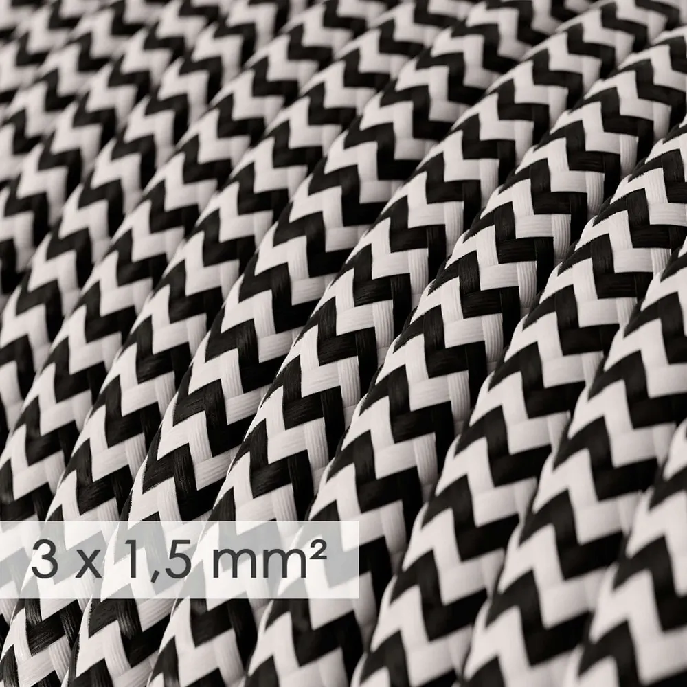 Câble électrique à large section 3x1,50 rond - tissu effet soie Noir ZigZag RZ04