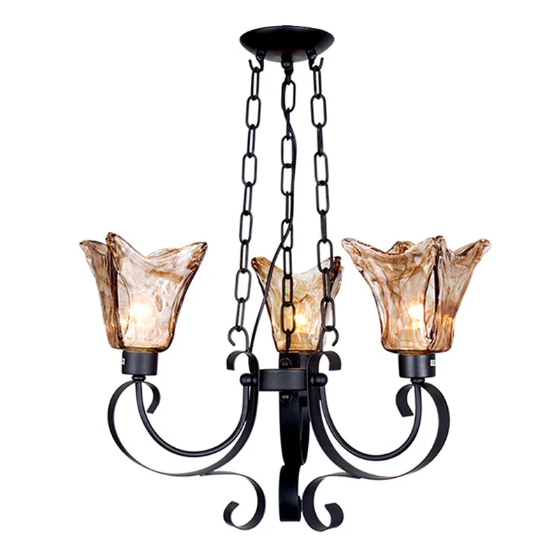 3/6/8 ampoules plafonnier défilement verre ambre classique salon lustre suspension avec abat-jour en forme de fleur Clearhalo