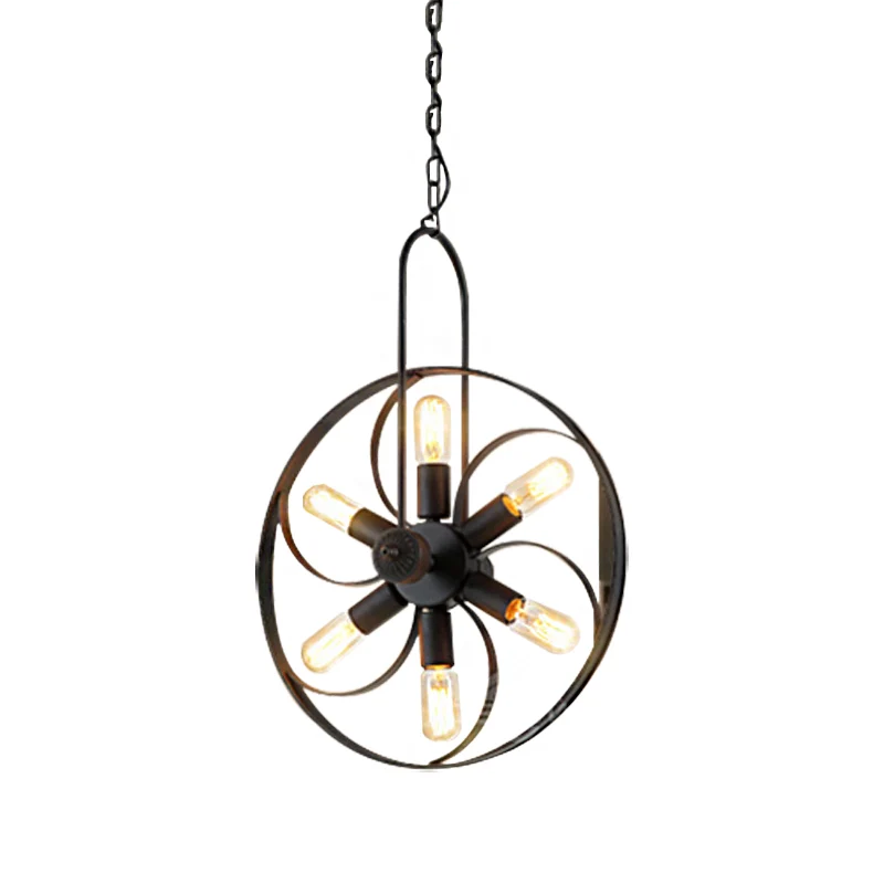 6/18 ampoules Island Light Wagon Wheel Éclairage suspendu vintage en métal pour salle à manger en noir Clearhalo