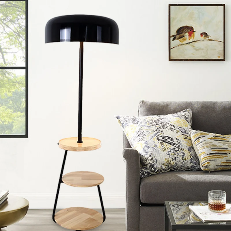 Abat-jour bol finition noire, lampadaire moderniste en métal à 2 ampoules avec étagères en bois Clearhalo
